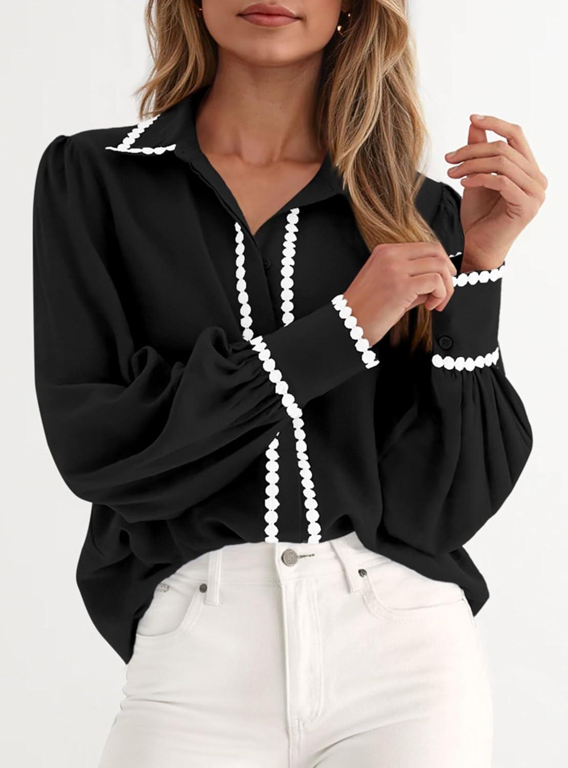 imagePRETTYGARDEN Womens Long Sleeve Button Down Shirts 2026 Trendy V Neck Loose Fit Fall Tops Collared Dressy Casual BlousesBlack