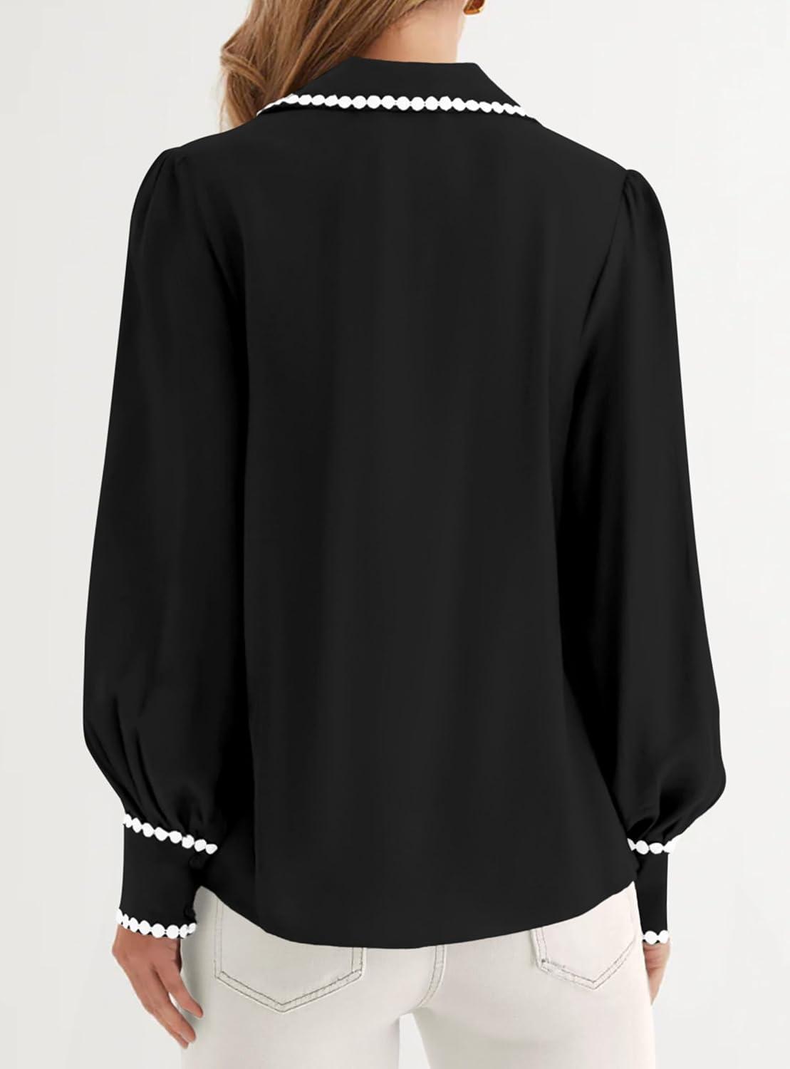imagePRETTYGARDEN Womens Long Sleeve Button Down Shirts 2026 Trendy V Neck Loose Fit Fall Tops Collared Dressy Casual BlousesBlack