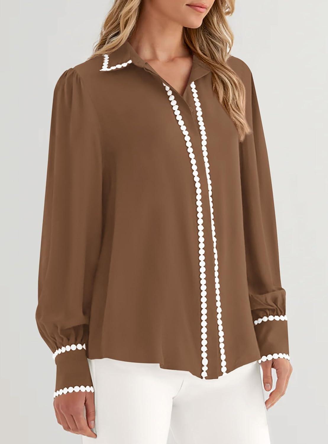 imagePRETTYGARDEN Womens Long Sleeve Button Down Shirts 2026 Trendy V Neck Loose Fit Fall Tops Collared Dressy Casual BlousesBrown