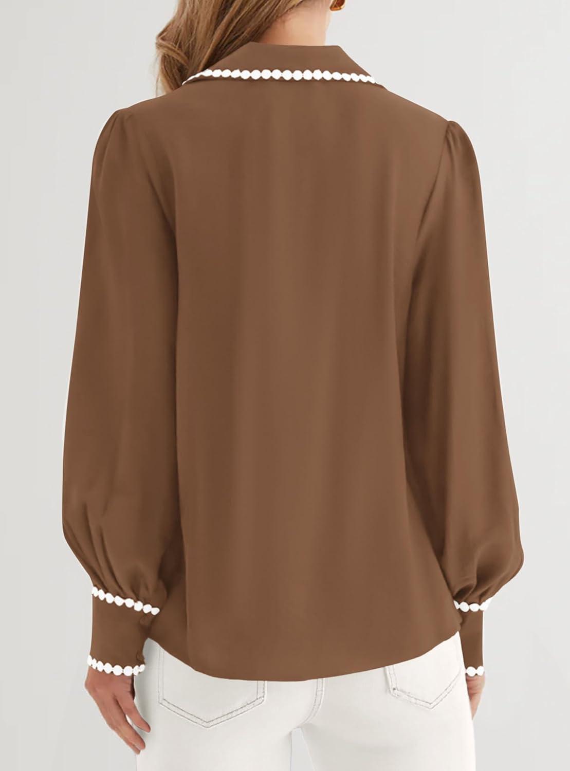 imagePRETTYGARDEN Womens Long Sleeve Button Down Shirts 2026 Trendy V Neck Loose Fit Fall Tops Collared Dressy Casual BlousesBrown