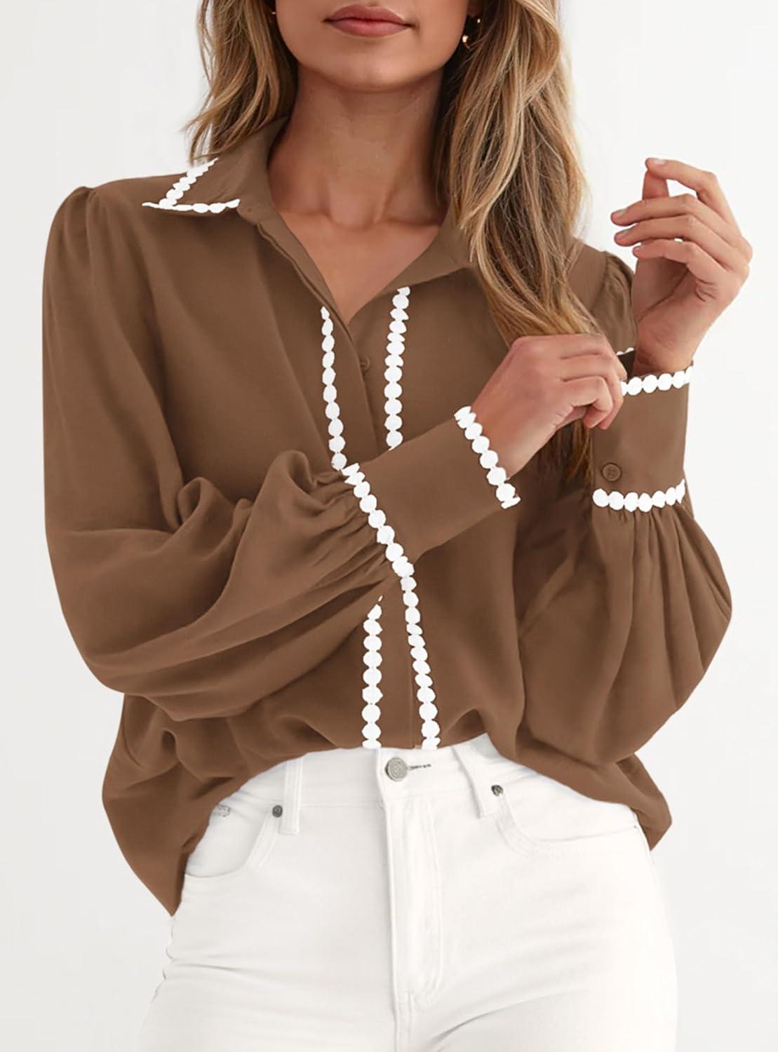 imagePRETTYGARDEN Womens Long Sleeve Button Down Shirts 2026 Trendy V Neck Loose Fit Fall Tops Collared Dressy Casual BlousesBrown