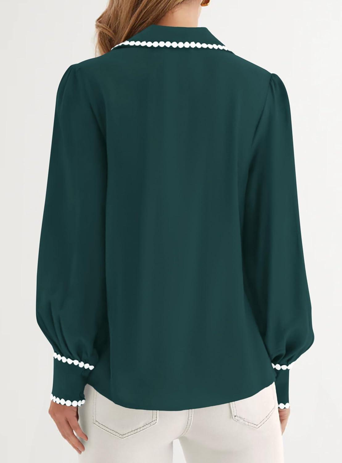 imagePRETTYGARDEN Womens Long Sleeve Button Down Shirts 2026 Trendy V Neck Loose Fit Fall Tops Collared Dressy Casual BlousesDark Green