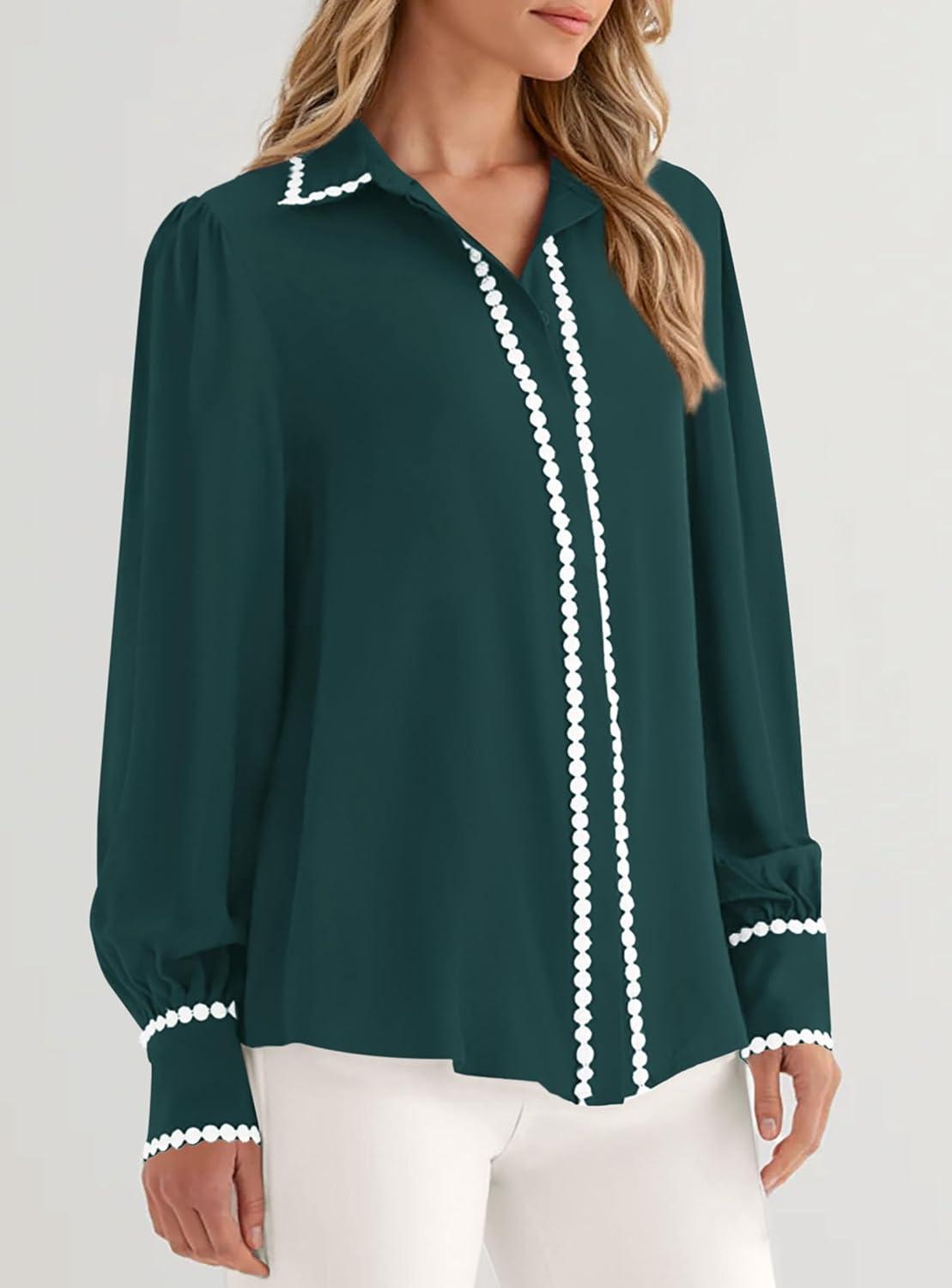 imagePRETTYGARDEN Womens Long Sleeve Button Down Shirts 2026 Trendy V Neck Loose Fit Fall Tops Collared Dressy Casual BlousesDark Green