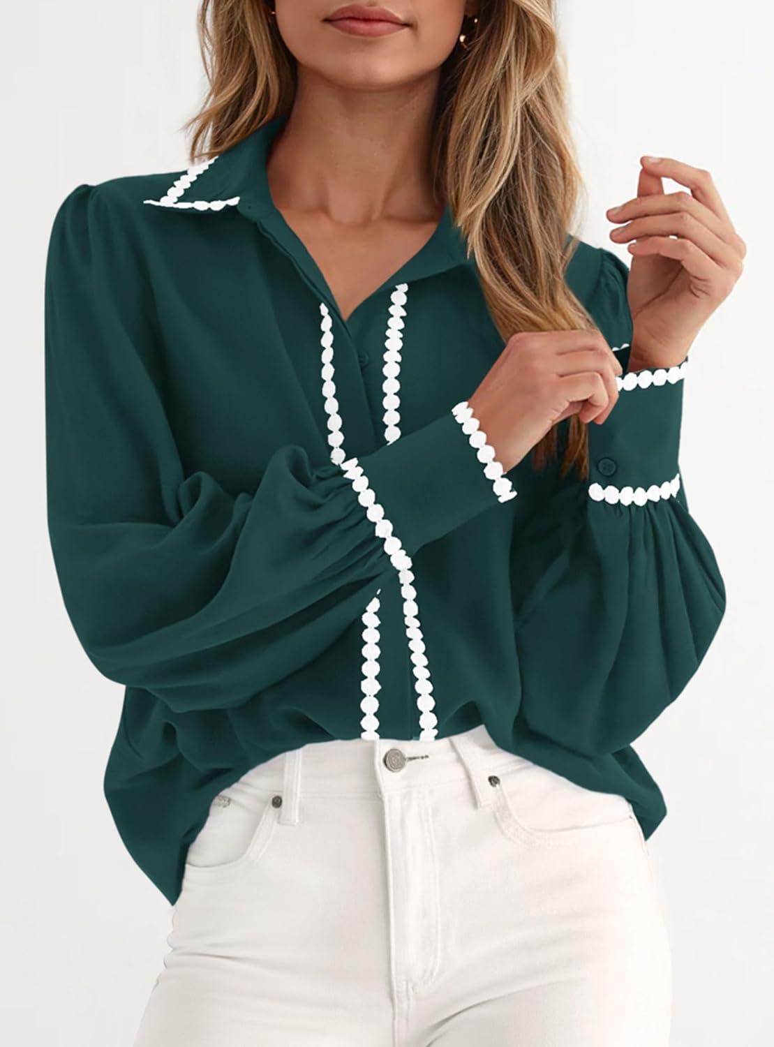 imagePRETTYGARDEN Womens Long Sleeve Button Down Shirts 2026 Trendy V Neck Loose Fit Fall Tops Collared Dressy Casual BlousesDark Green