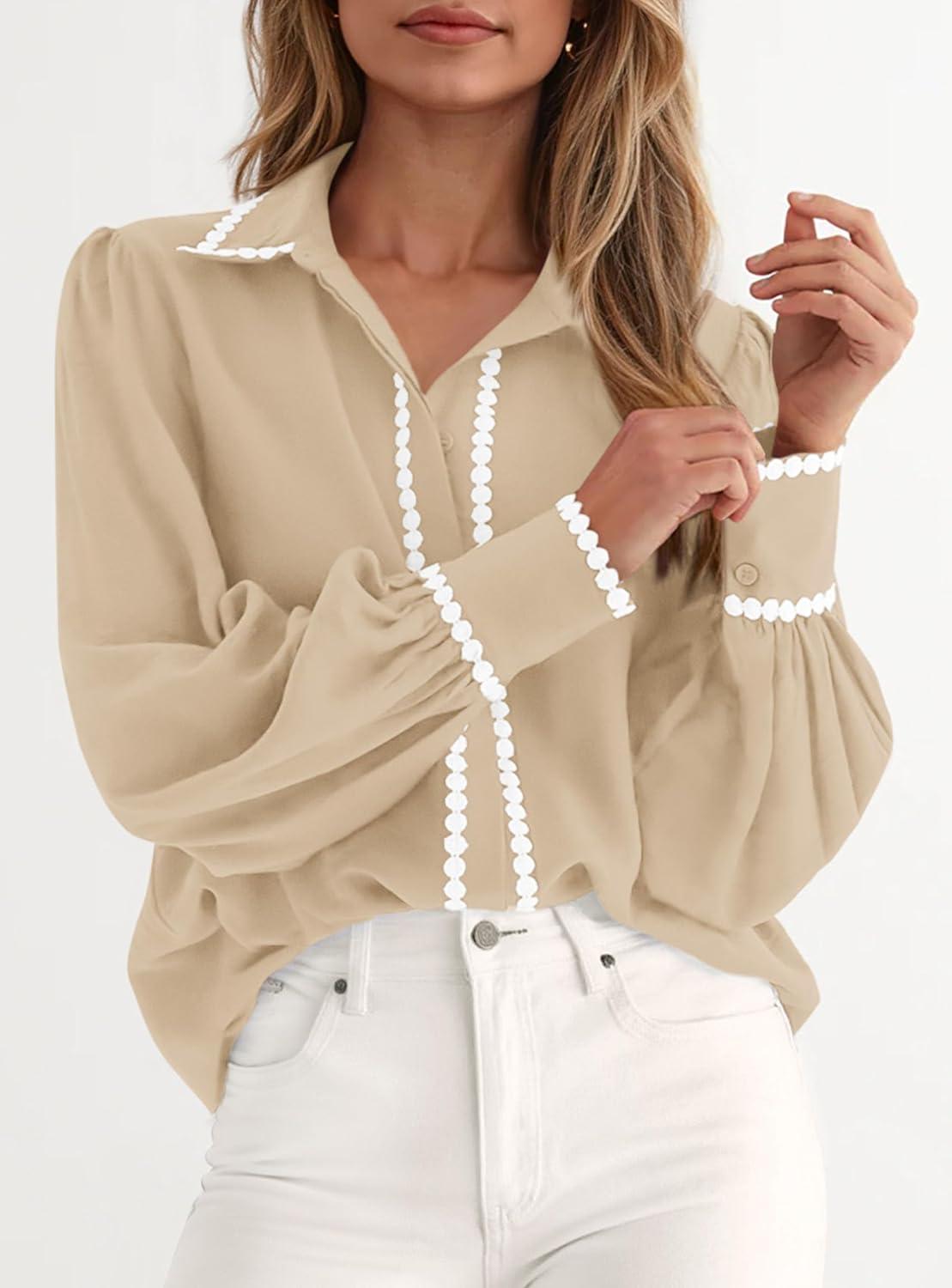 imagePRETTYGARDEN Womens Long Sleeve Button Down Shirts 2026 Trendy V Neck Loose Fit Fall Tops Collared Dressy Casual BlousesKhaki