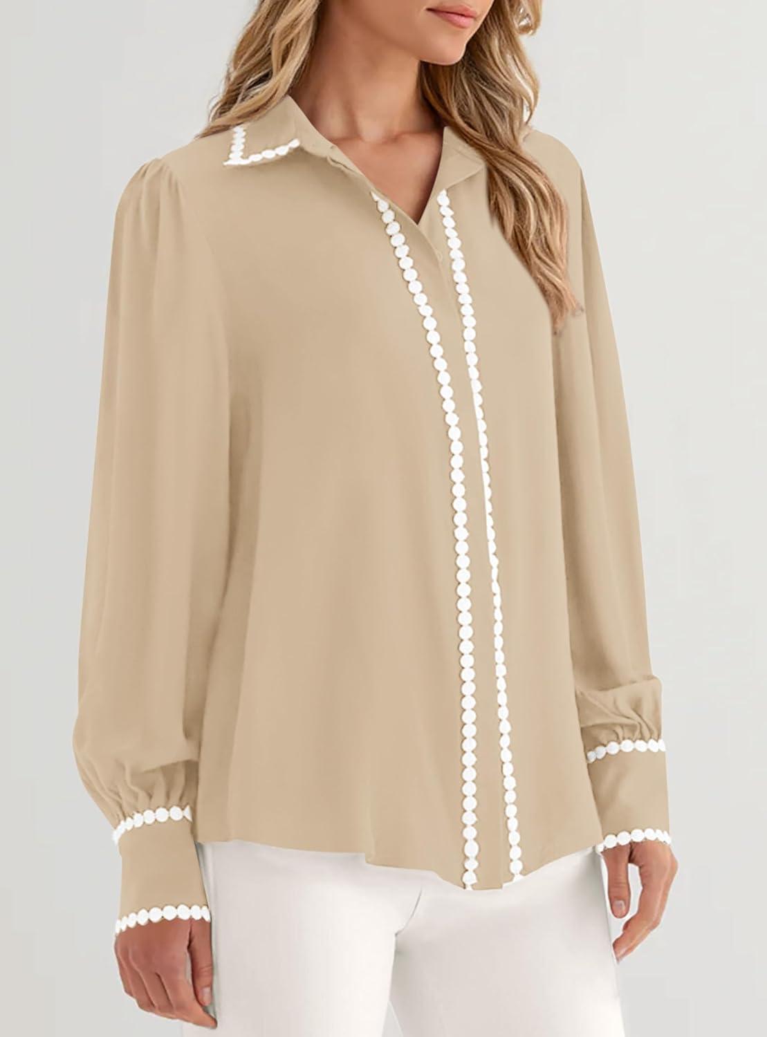 imagePRETTYGARDEN Womens Long Sleeve Button Down Shirts 2026 Trendy V Neck Loose Fit Fall Tops Collared Dressy Casual BlousesKhaki