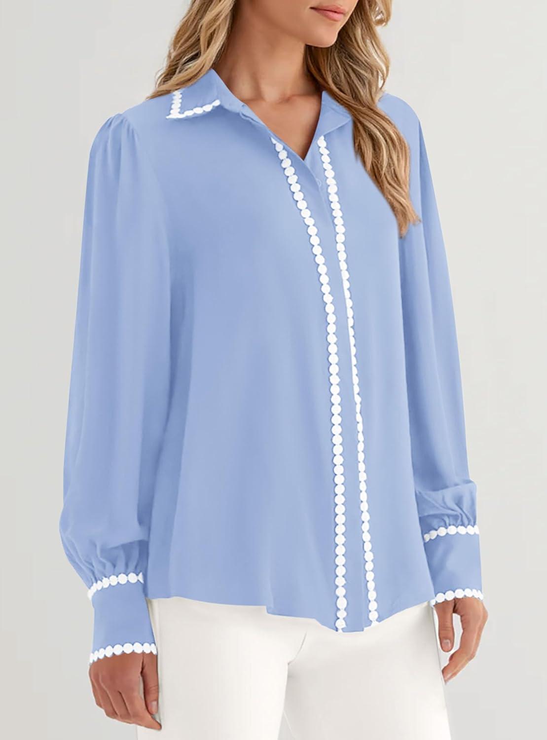 imagePRETTYGARDEN Womens Long Sleeve Button Down Shirts 2026 Trendy V Neck Loose Fit Fall Tops Collared Dressy Casual BlousesLight Blue
