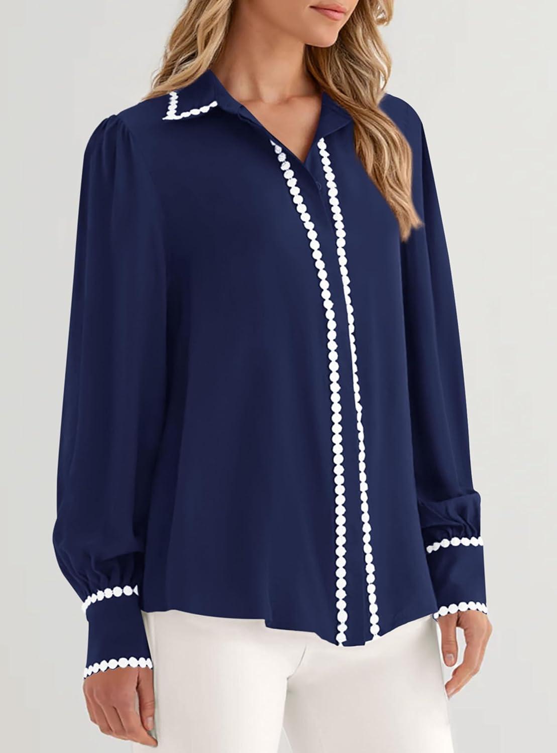 imagePRETTYGARDEN Womens Long Sleeve Button Down Shirts 2026 Trendy V Neck Loose Fit Fall Tops Collared Dressy Casual BlousesNavy Blue