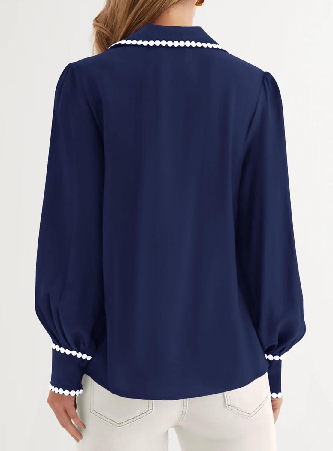 imagePRETTYGARDEN Womens Long Sleeve Button Down Shirts 2026 Trendy V Neck Loose Fit Fall Tops Collared Dressy Casual BlousesNavy Blue