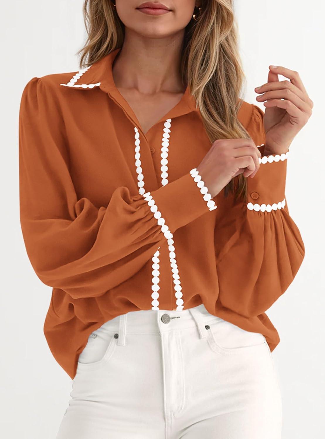 imagePRETTYGARDEN Womens Long Sleeve Button Down Shirts 2026 Trendy V Neck Loose Fit Fall Tops Collared Dressy Casual BlousesOrange