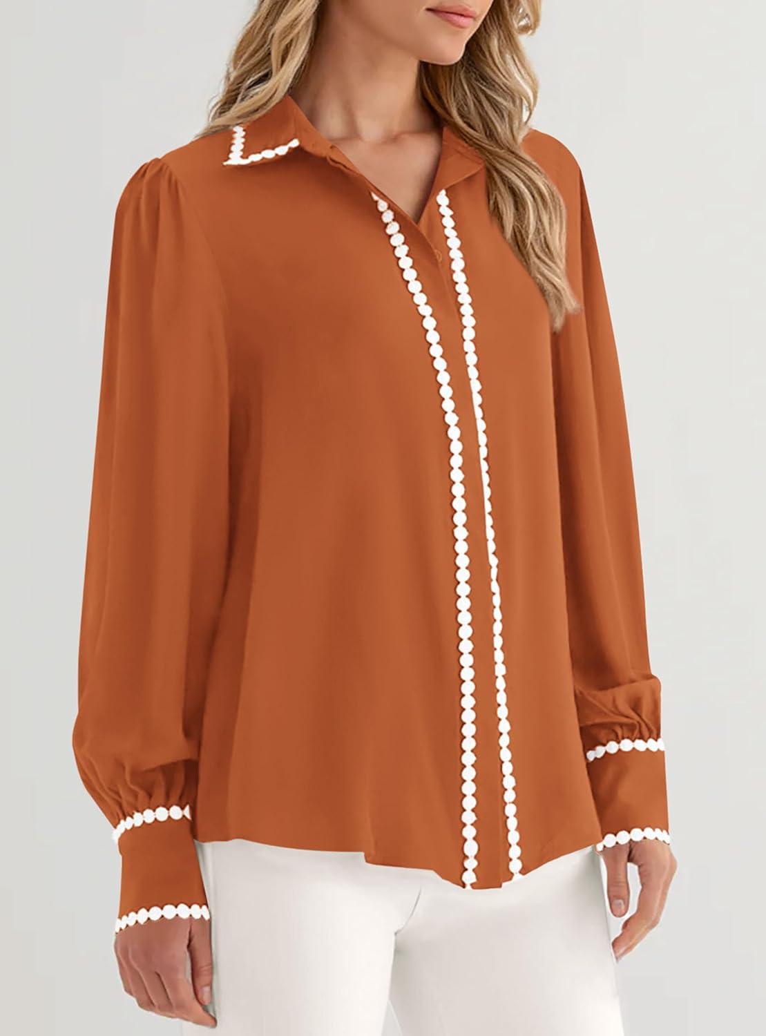 imagePRETTYGARDEN Womens Long Sleeve Button Down Shirts 2026 Trendy V Neck Loose Fit Fall Tops Collared Dressy Casual BlousesOrange