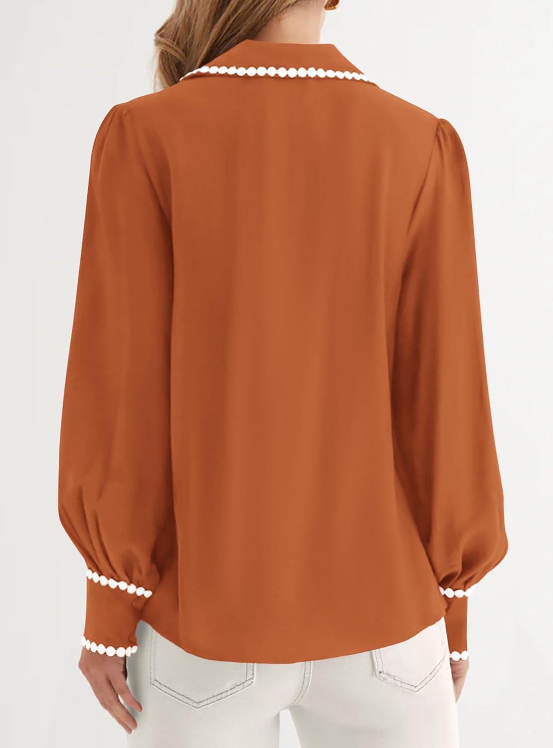 imagePRETTYGARDEN Womens Long Sleeve Button Down Shirts 2026 Trendy V Neck Loose Fit Fall Tops Collared Dressy Casual BlousesOrange