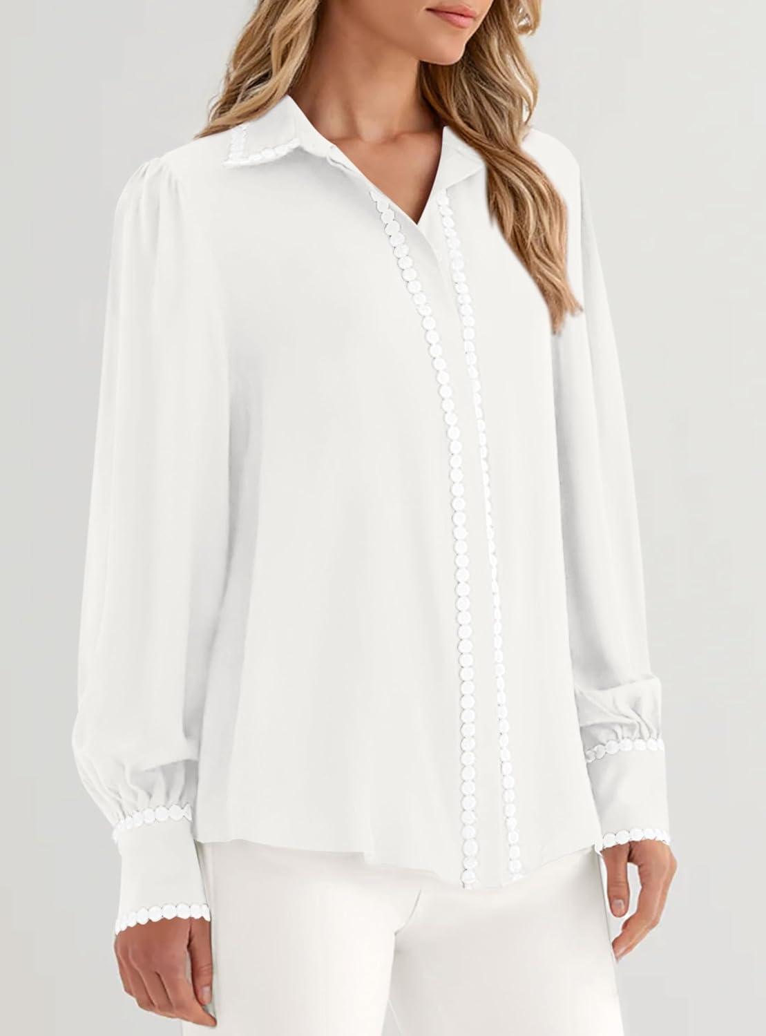 imagePRETTYGARDEN Womens Long Sleeve Button Down Shirts 2026 Trendy V Neck Loose Fit Fall Tops Collared Dressy Casual BlousesWhite