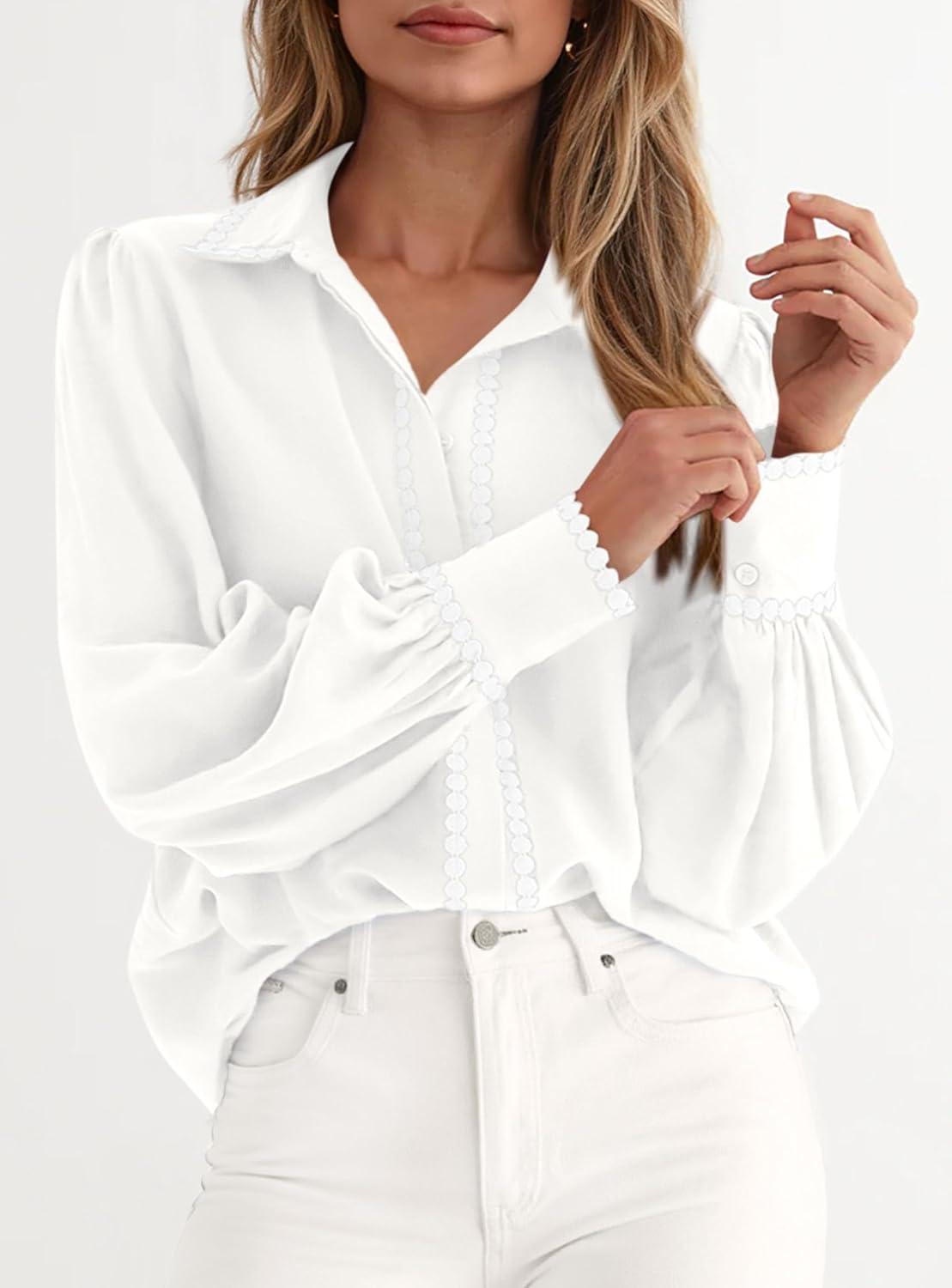 imagePRETTYGARDEN Womens Long Sleeve Button Down Shirts 2026 Trendy V Neck Loose Fit Fall Tops Collared Dressy Casual BlousesWhite