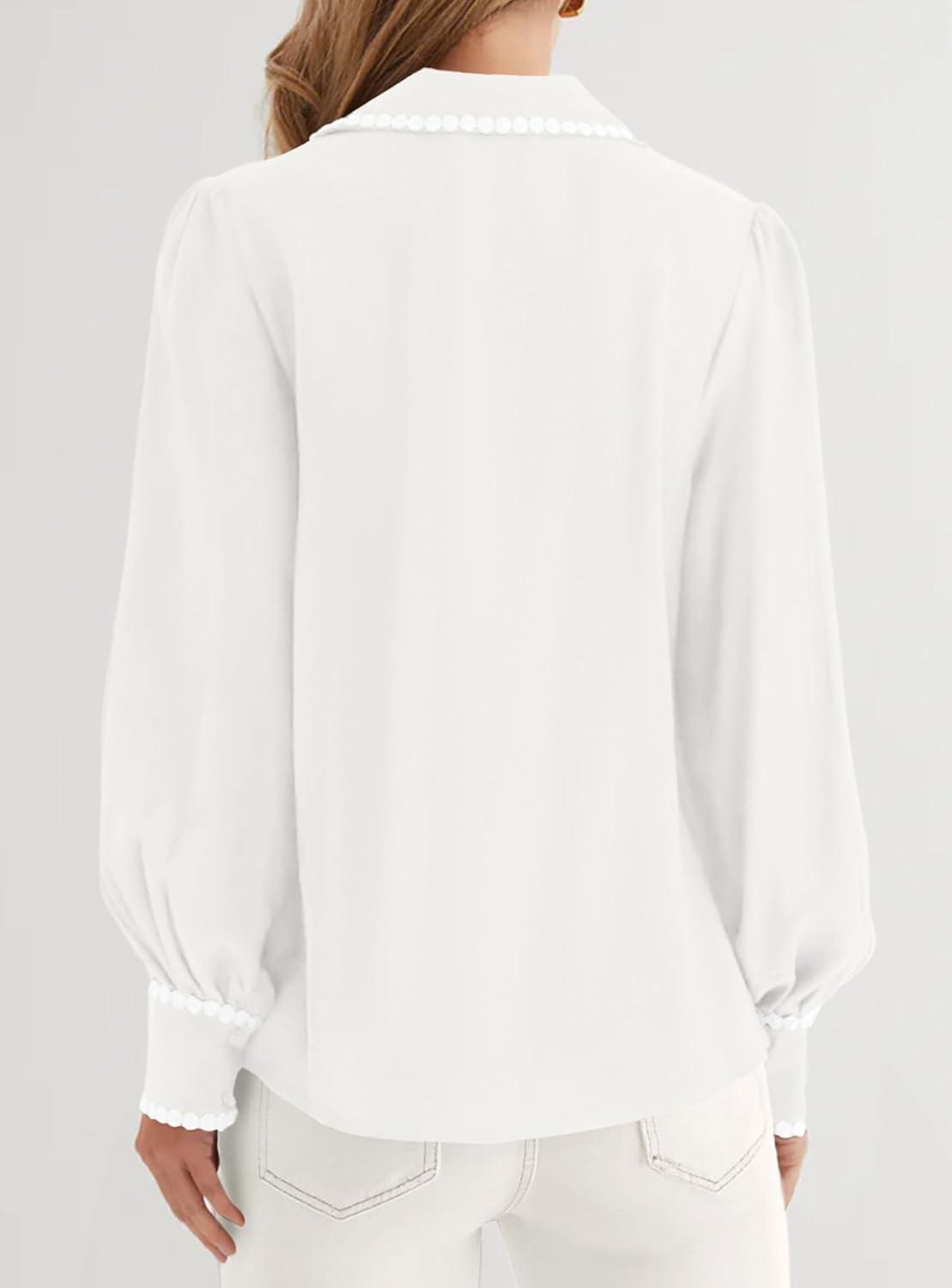 imagePRETTYGARDEN Womens Long Sleeve Button Down Shirts 2026 Trendy V Neck Loose Fit Fall Tops Collared Dressy Casual BlousesWhite