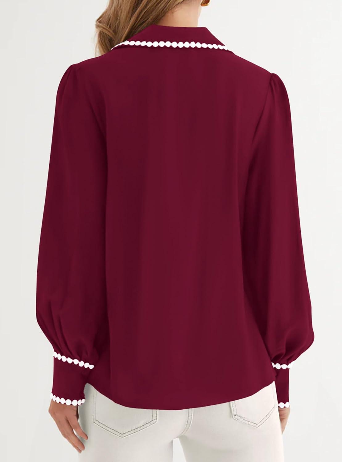 imagePRETTYGARDEN Womens Long Sleeve Button Down Shirts 2026 Trendy V Neck Loose Fit Fall Tops Collared Dressy Casual BlousesWine Red