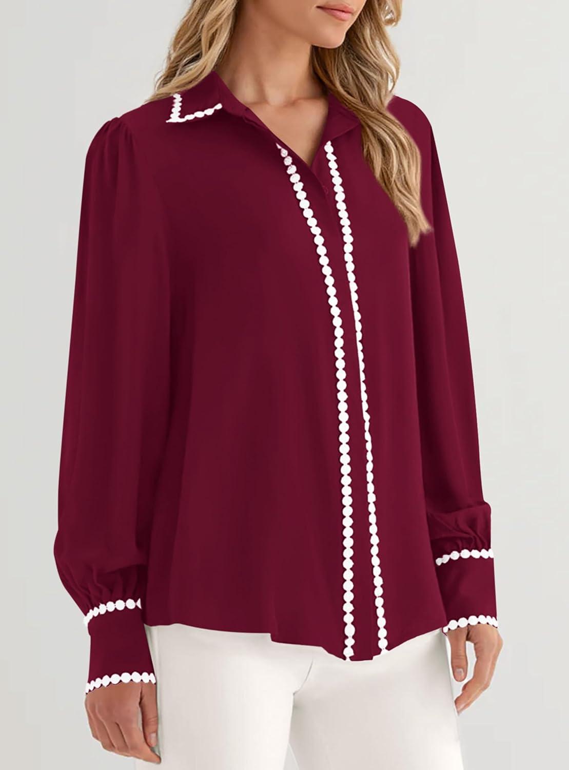 imagePRETTYGARDEN Womens Long Sleeve Button Down Shirts 2026 Trendy V Neck Loose Fit Fall Tops Collared Dressy Casual BlousesWine Red