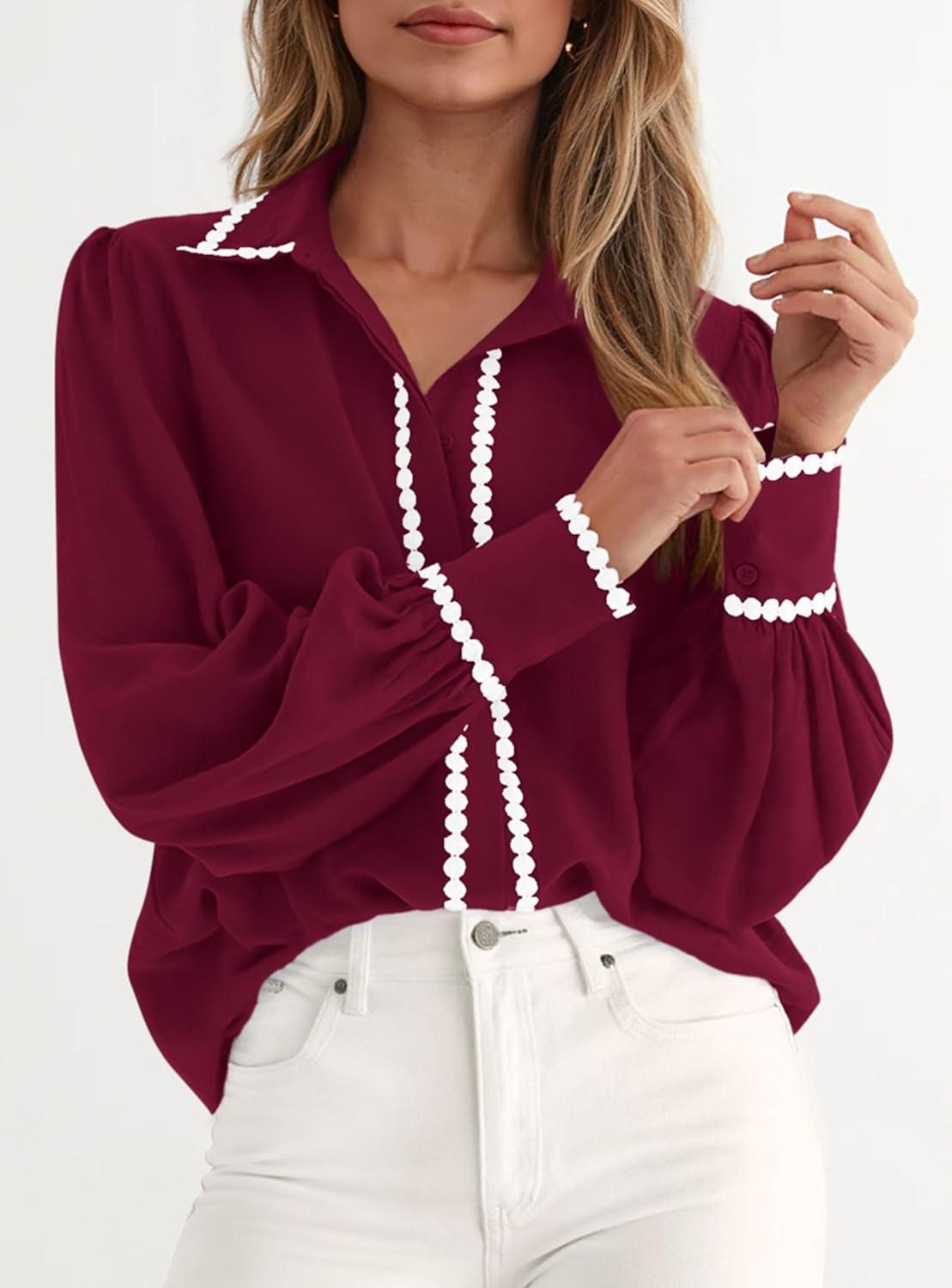 imagePRETTYGARDEN Womens Long Sleeve Button Down Shirts 2026 Trendy V Neck Loose Fit Fall Tops Collared Dressy Casual BlousesWine Red