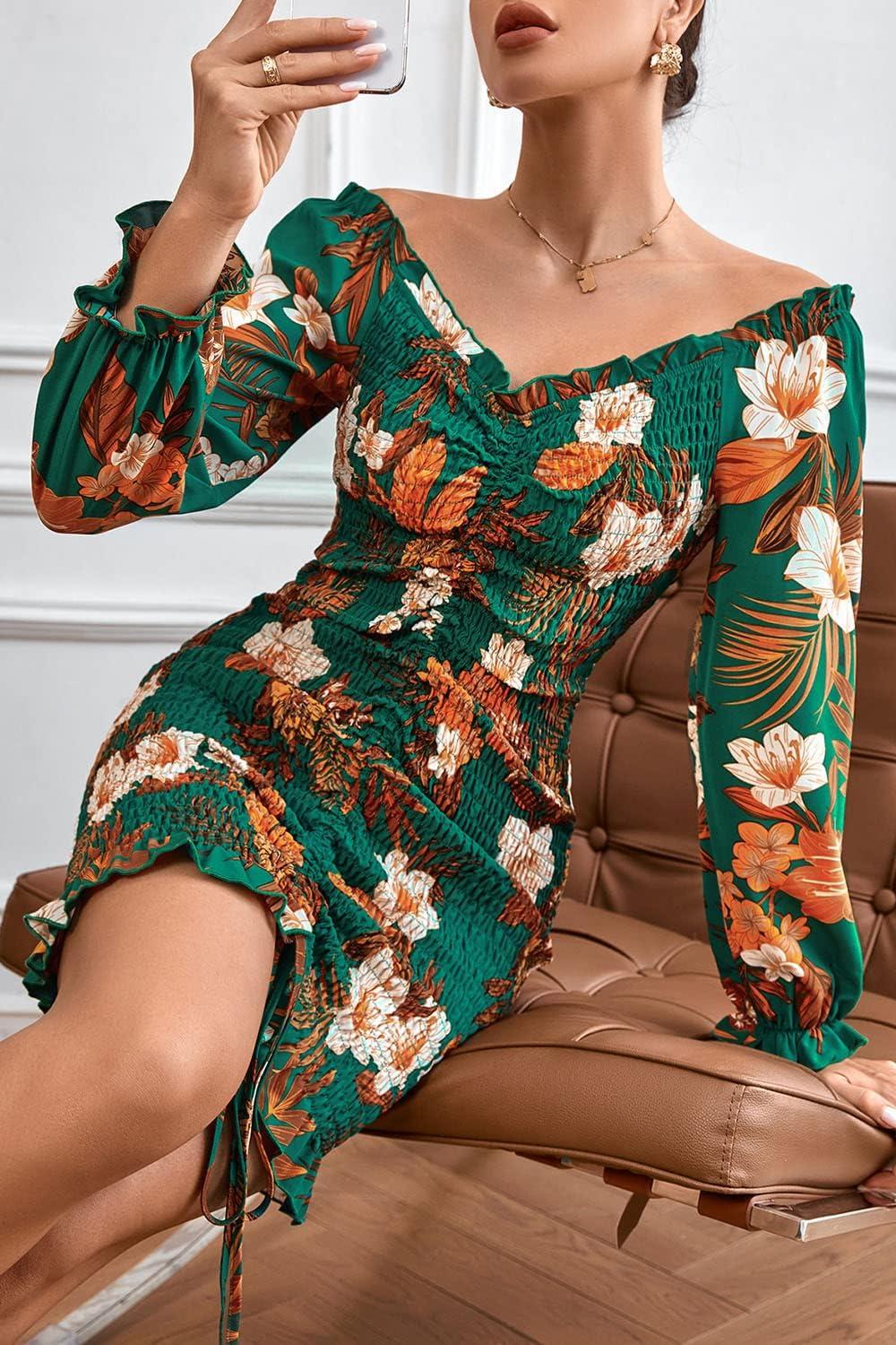 imagePRETTYGARDEN Womens Long Sleeve Off Shoulder Bodycon Dresses Drawstring Sexy Mini Floral Smocked Dress