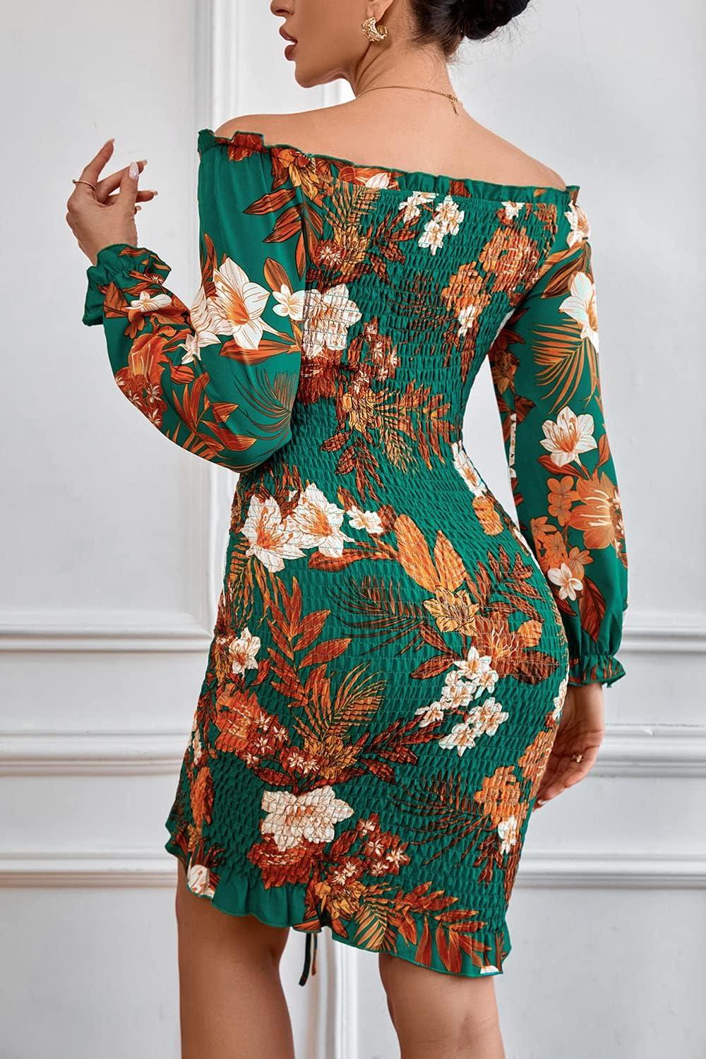 imagePRETTYGARDEN Womens Long Sleeve Off Shoulder Bodycon Dresses Drawstring Sexy Mini Floral Smocked Dress