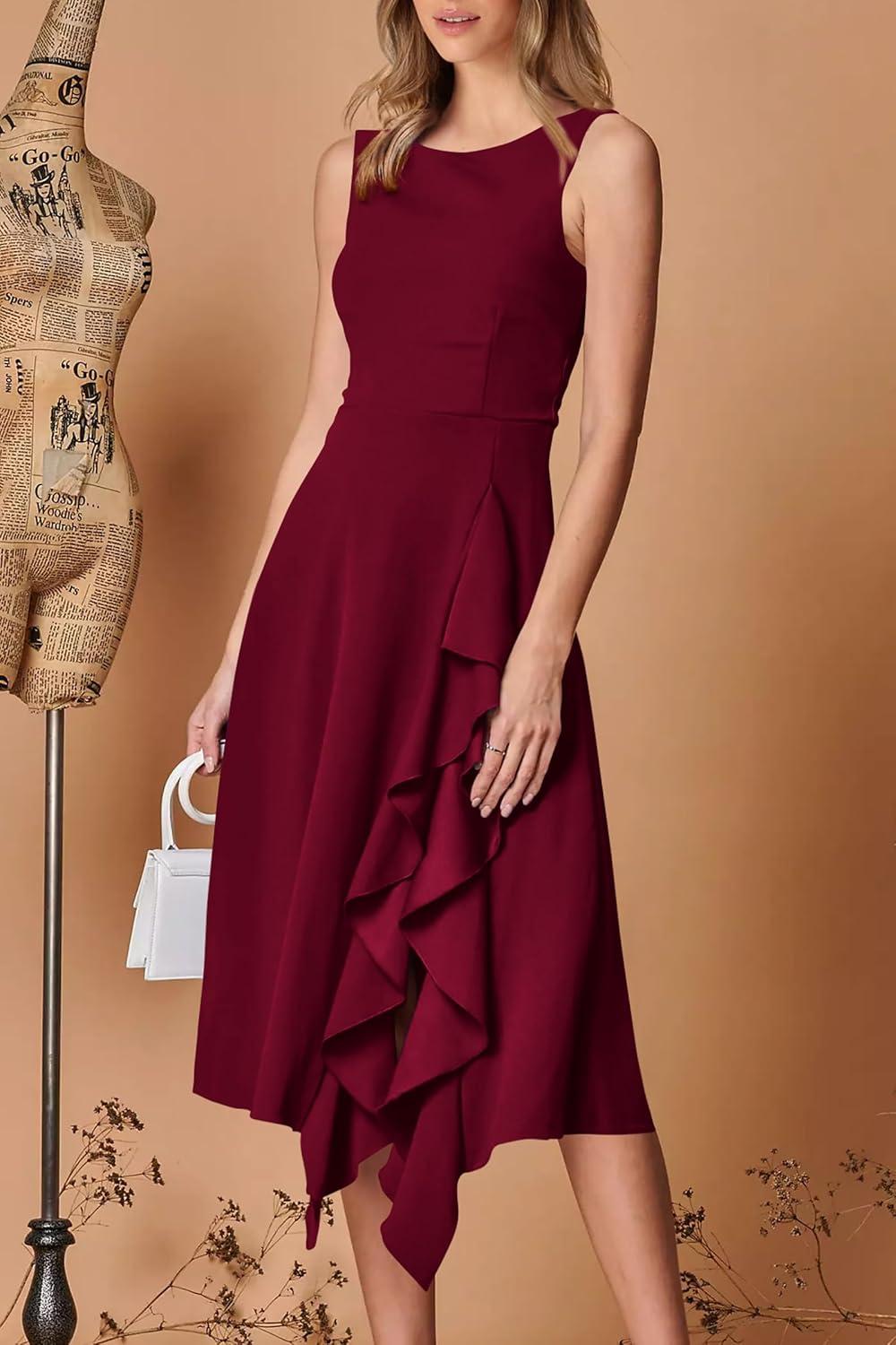 imagePRETTYGARDEN Womens Midi Summer Dresses Sleeveless Flared A Line Asymmetrical Ruffle Flowy Cocktail Party Dress Wine RedMedium