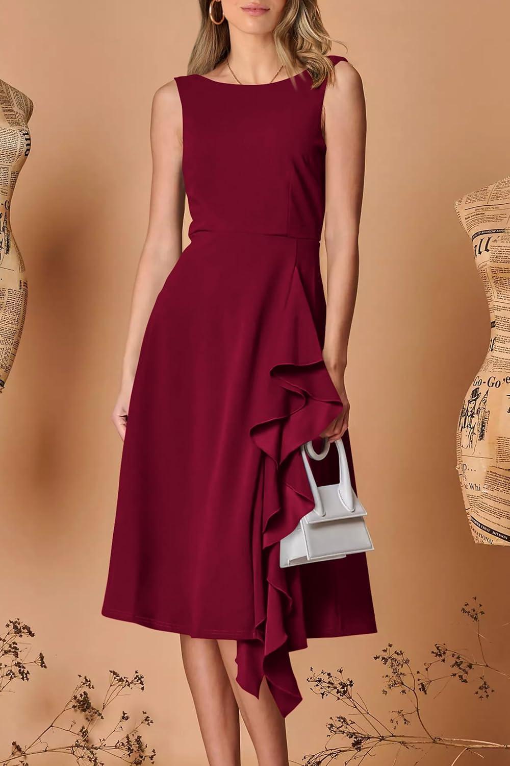 imagePRETTYGARDEN Womens Midi Summer Dresses Sleeveless Flared A Line Asymmetrical Ruffle Flowy Cocktail Party Dress Wine RedMedium