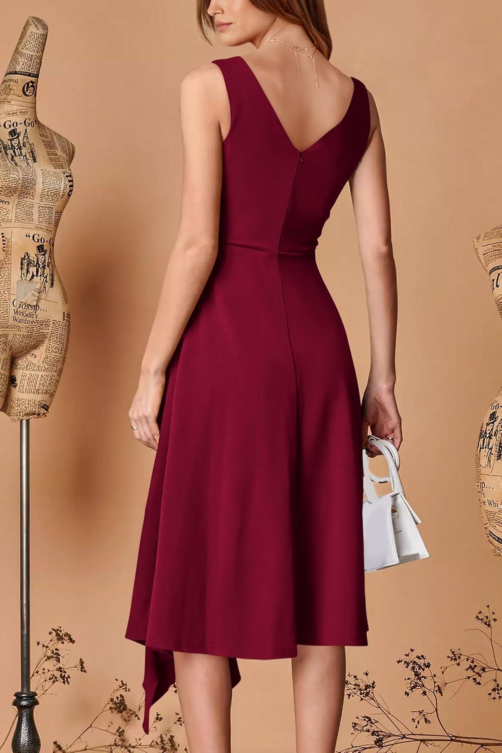 imagePRETTYGARDEN Womens Midi Summer Dresses Sleeveless Flared A Line Asymmetrical Ruffle Flowy Cocktail Party Dress Wine RedMedium