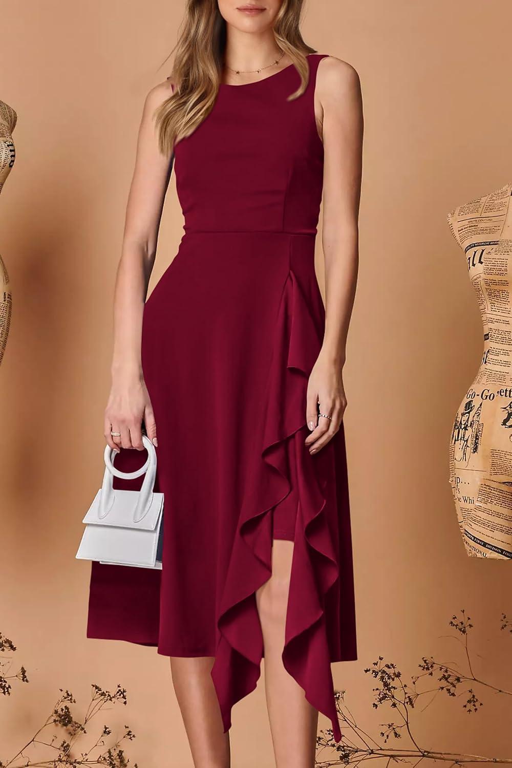 imagePRETTYGARDEN Womens Midi Summer Dresses Sleeveless Flared A Line Asymmetrical Ruffle Flowy Cocktail Party Dress Wine RedMedium