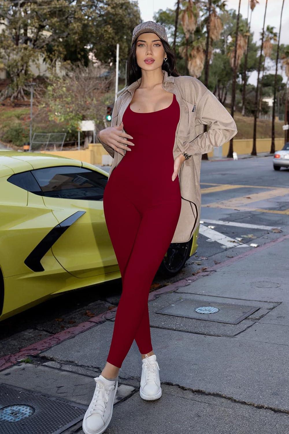 imagePRETTYGARDEN Womens Sexy Bodycon Jumpsuits Short Sleeve Square Neck Ribbed Knit One Piece Outfit Summer Rompers Pants RedMedium