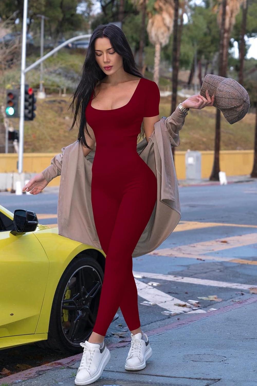 imagePRETTYGARDEN Womens Sexy Bodycon Jumpsuits Short Sleeve Square Neck Ribbed Knit One Piece Outfit Summer Rompers Pants RedMedium