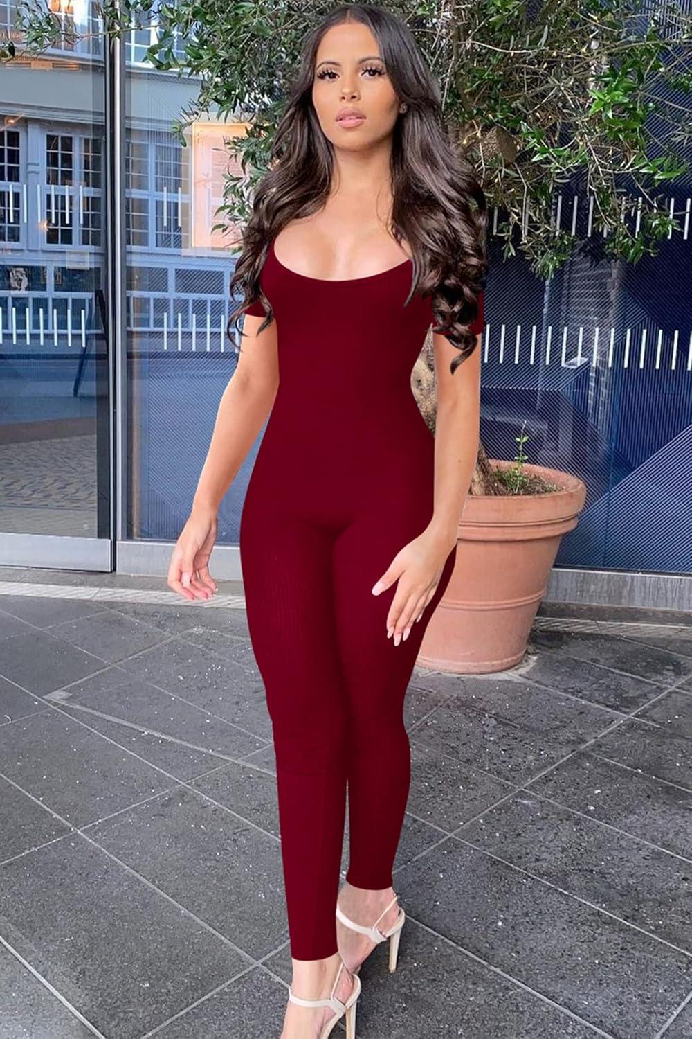 imagePRETTYGARDEN Womens Sexy Bodycon Jumpsuits Short Sleeve Square Neck Ribbed Knit One Piece Outfit Summer Rompers Pants RedMedium