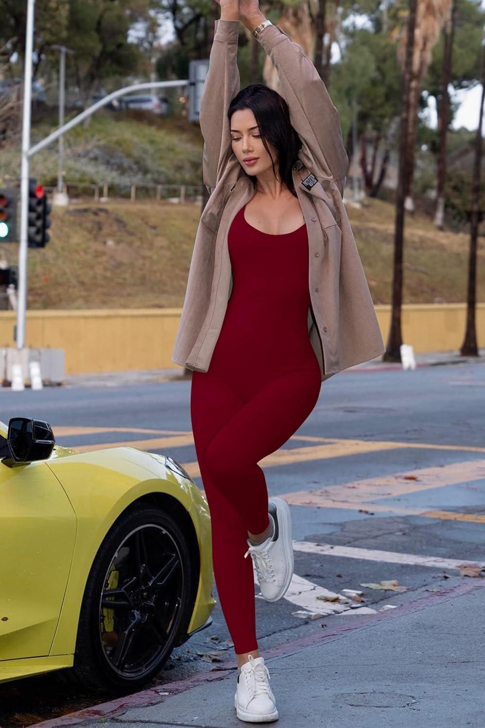 imagePRETTYGARDEN Womens Sexy Bodycon Jumpsuits Short Sleeve Square Neck Ribbed Knit One Piece Outfit Summer Rompers Pants RedMedium