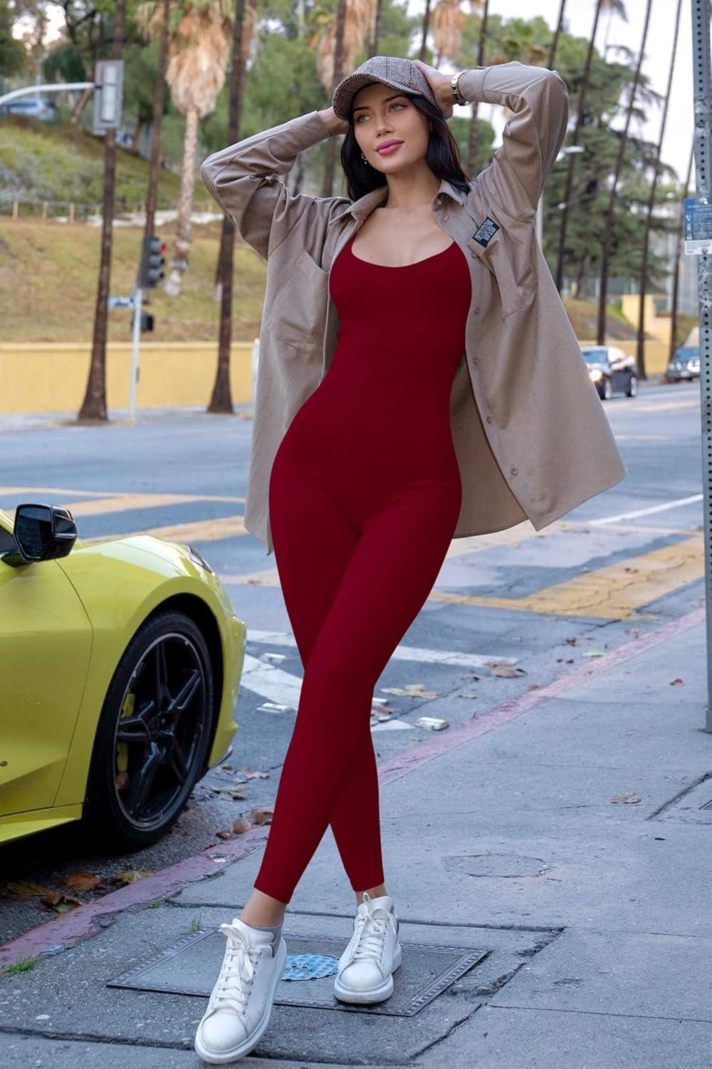 imagePRETTYGARDEN Womens Sexy Bodycon Jumpsuits Short Sleeve Square Neck Ribbed Knit One Piece Outfit Summer Rompers Pants RedMedium