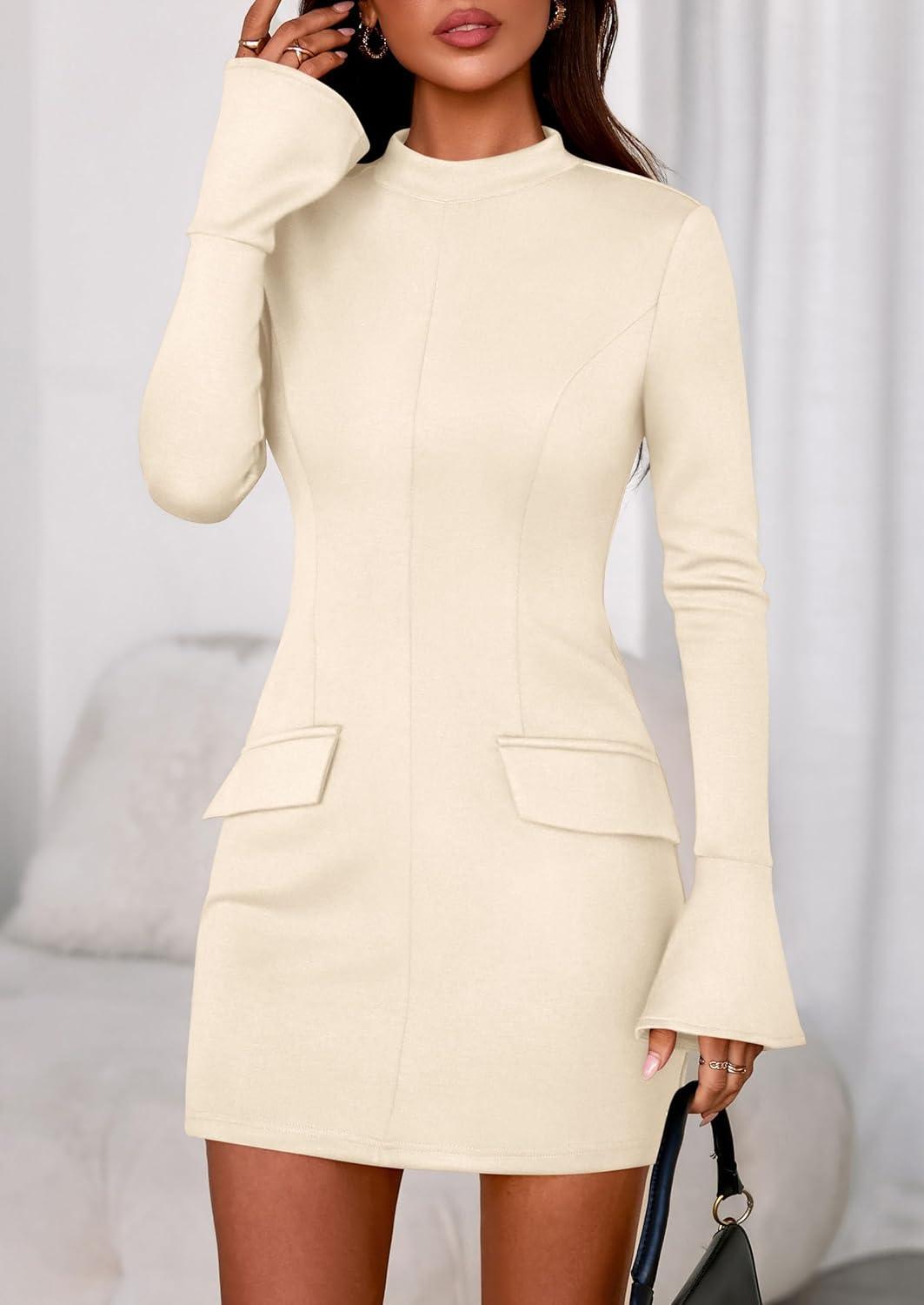 imagePRETTYGARDEN Womens Short Formal Dresses Fall Long Sleeve Mock Neck Elegant Cocktail Party Club Bodycon Mini DressBeige