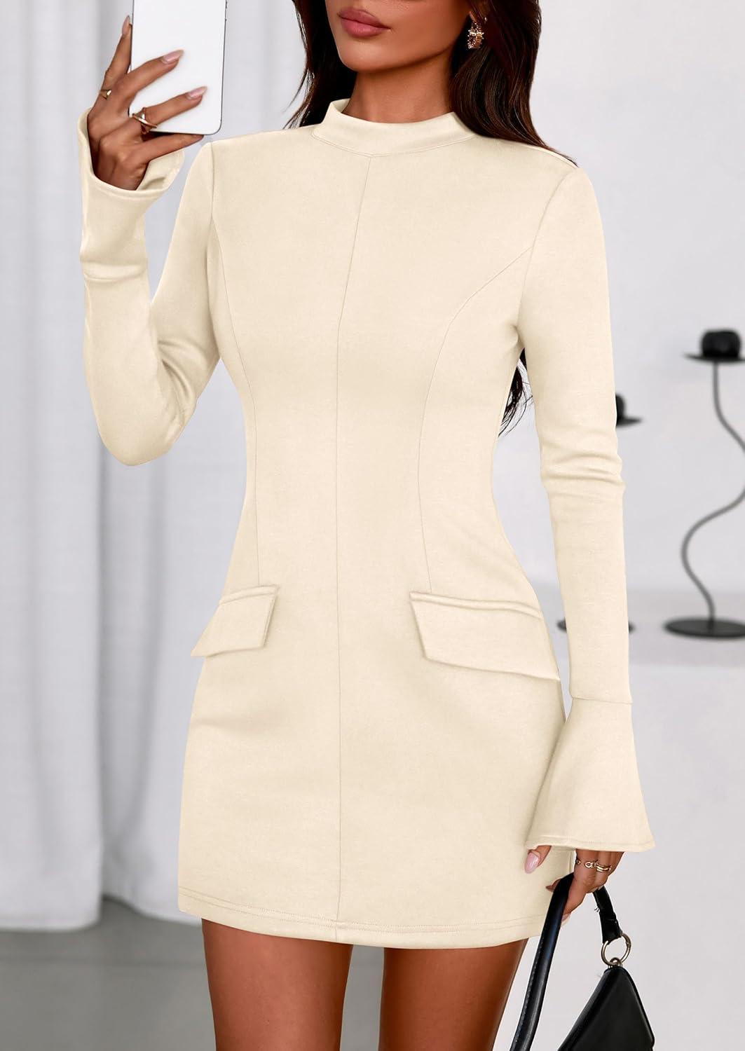 imagePRETTYGARDEN Womens Short Formal Dresses Fall Long Sleeve Mock Neck Elegant Cocktail Party Club Bodycon Mini DressBeige