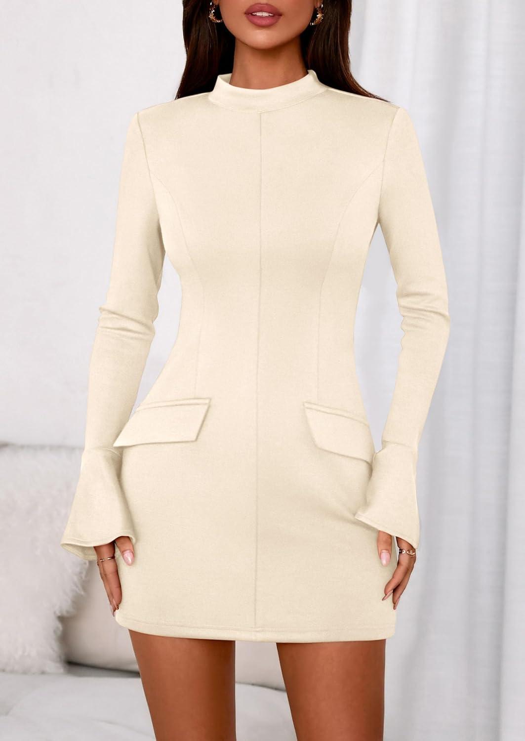 imagePRETTYGARDEN Womens Short Formal Dresses Fall Long Sleeve Mock Neck Elegant Cocktail Party Club Bodycon Mini DressBeige