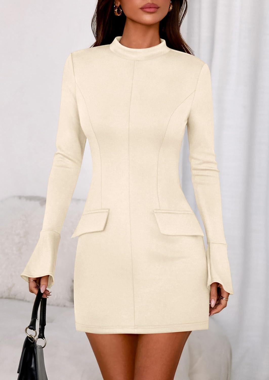 imagePRETTYGARDEN Womens Short Formal Dresses Fall Long Sleeve Mock Neck Elegant Cocktail Party Club Bodycon Mini DressBeige