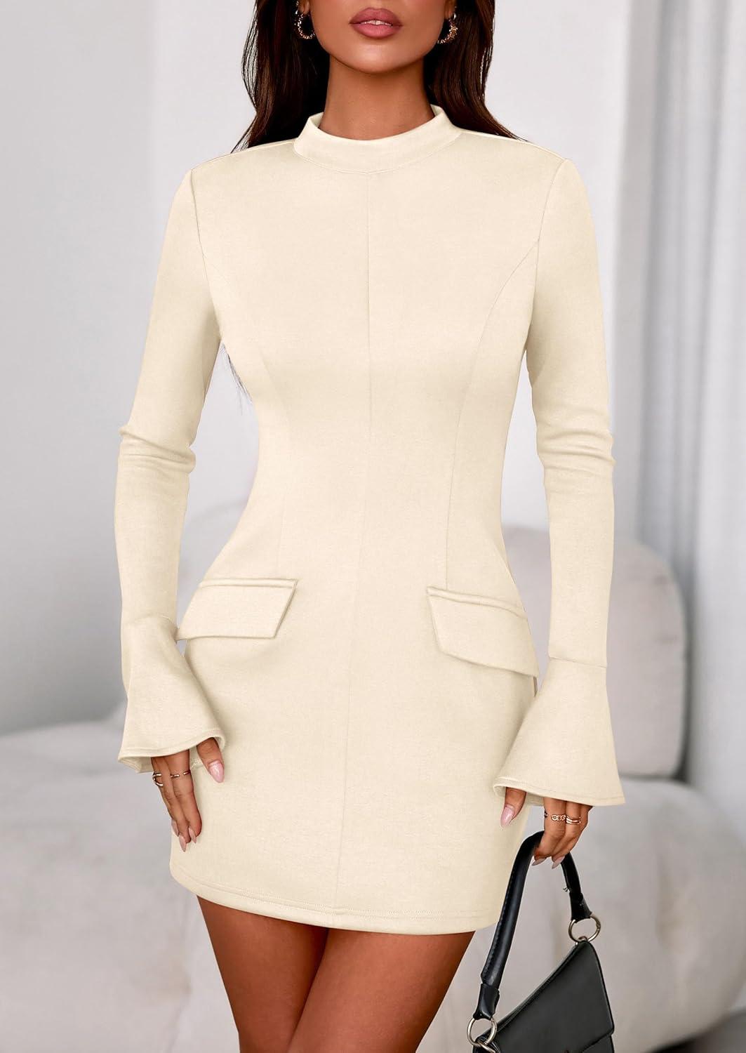 imagePRETTYGARDEN Womens Short Formal Dresses Fall Long Sleeve Mock Neck Elegant Cocktail Party Club Bodycon Mini DressBeige