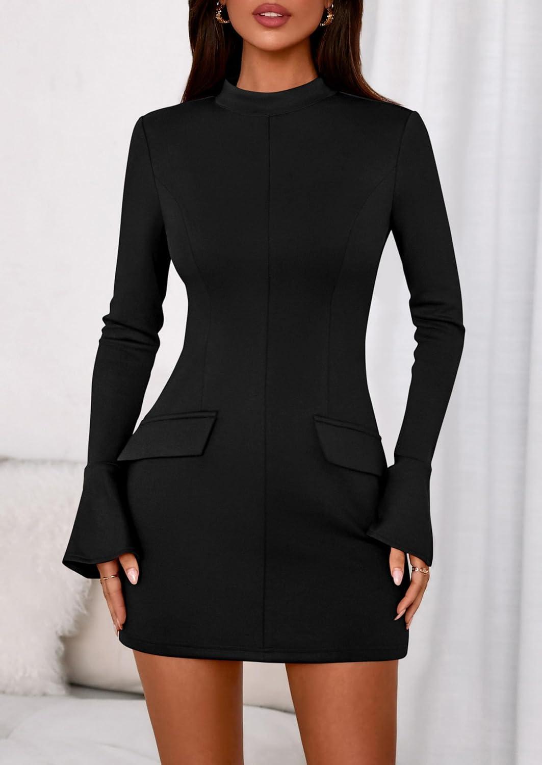 imagePRETTYGARDEN Womens Short Formal Dresses Fall Long Sleeve Mock Neck Elegant Cocktail Party Club Bodycon Mini DressBlack