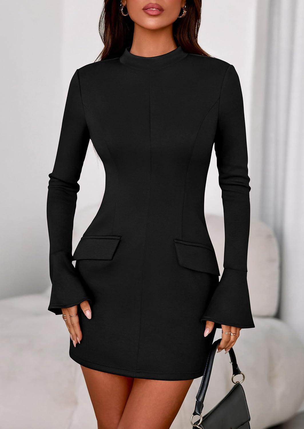 imagePRETTYGARDEN Womens Short Formal Dresses Fall Long Sleeve Mock Neck Elegant Cocktail Party Club Bodycon Mini DressBlack