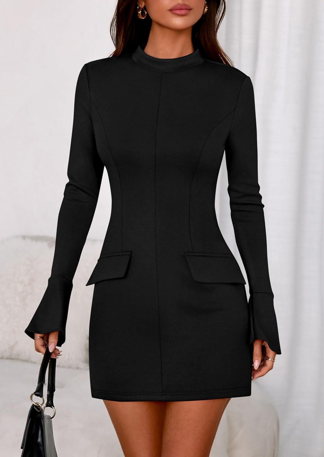 imagePRETTYGARDEN Womens Short Formal Dresses Fall Long Sleeve Mock Neck Elegant Cocktail Party Club Bodycon Mini DressBlack