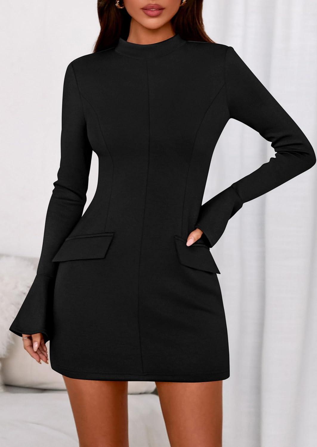 imagePRETTYGARDEN Womens Short Formal Dresses Fall Long Sleeve Mock Neck Elegant Cocktail Party Club Bodycon Mini DressBlack