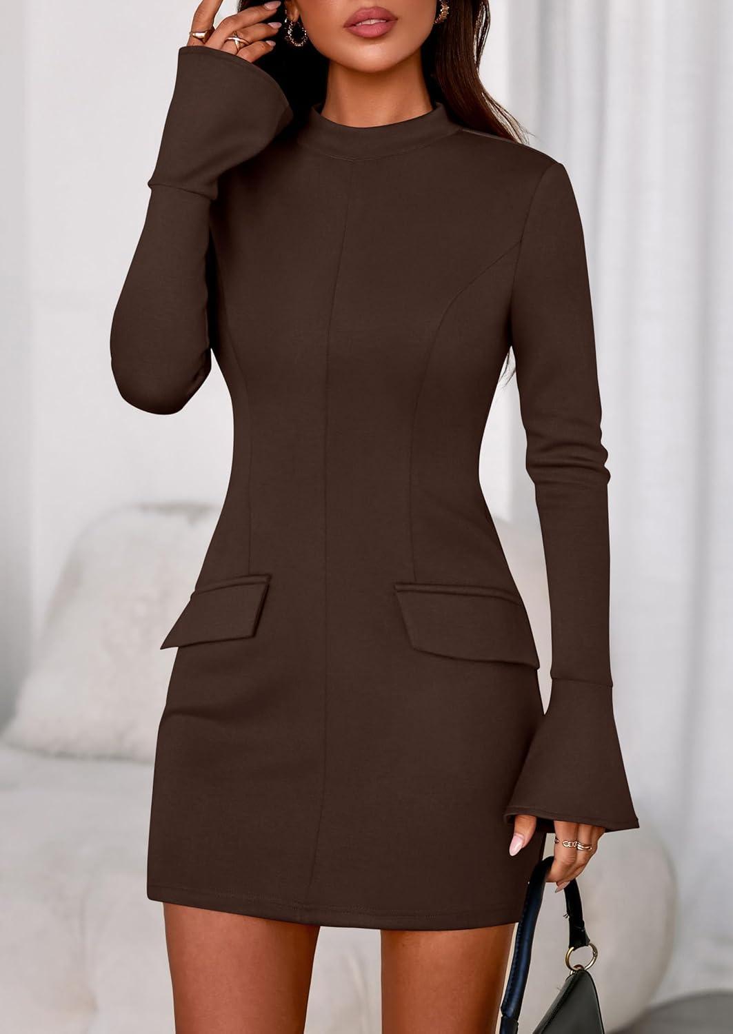 imagePRETTYGARDEN Womens Short Formal Dresses Fall Long Sleeve Mock Neck Elegant Cocktail Party Club Bodycon Mini DressBrown