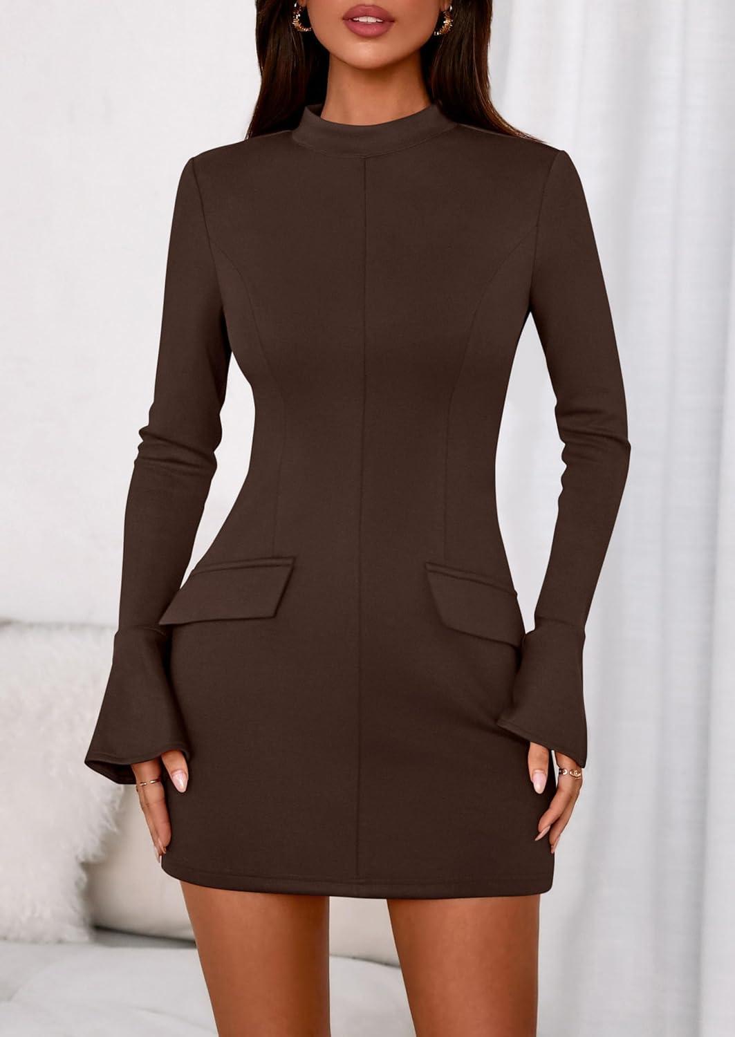 imagePRETTYGARDEN Womens Short Formal Dresses Fall Long Sleeve Mock Neck Elegant Cocktail Party Club Bodycon Mini DressBrown