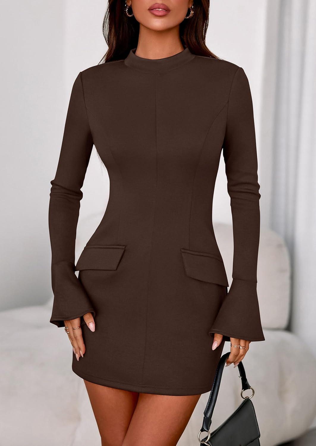imagePRETTYGARDEN Womens Short Formal Dresses Fall Long Sleeve Mock Neck Elegant Cocktail Party Club Bodycon Mini DressBrown