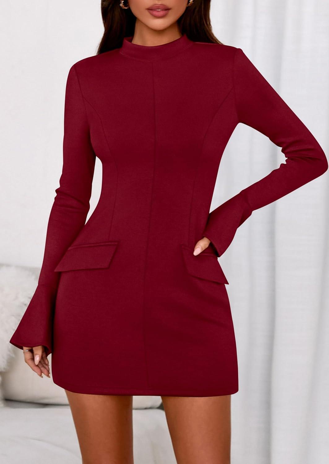 imagePRETTYGARDEN Womens Short Formal Dresses Fall Long Sleeve Mock Neck Elegant Cocktail Party Club Bodycon Mini DressBurgundy
