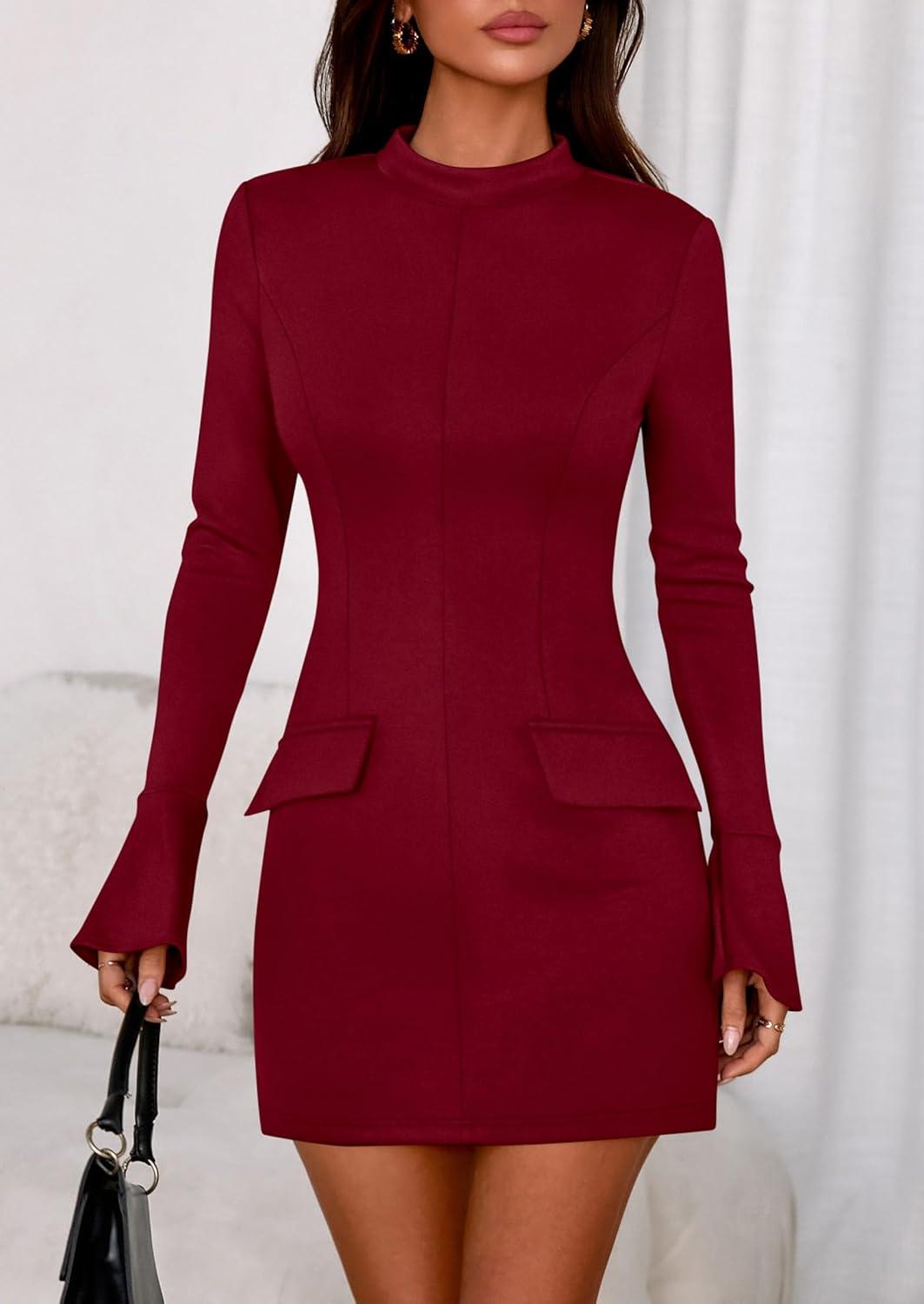 imagePRETTYGARDEN Womens Short Formal Dresses Fall Long Sleeve Mock Neck Elegant Cocktail Party Club Bodycon Mini DressBurgundy