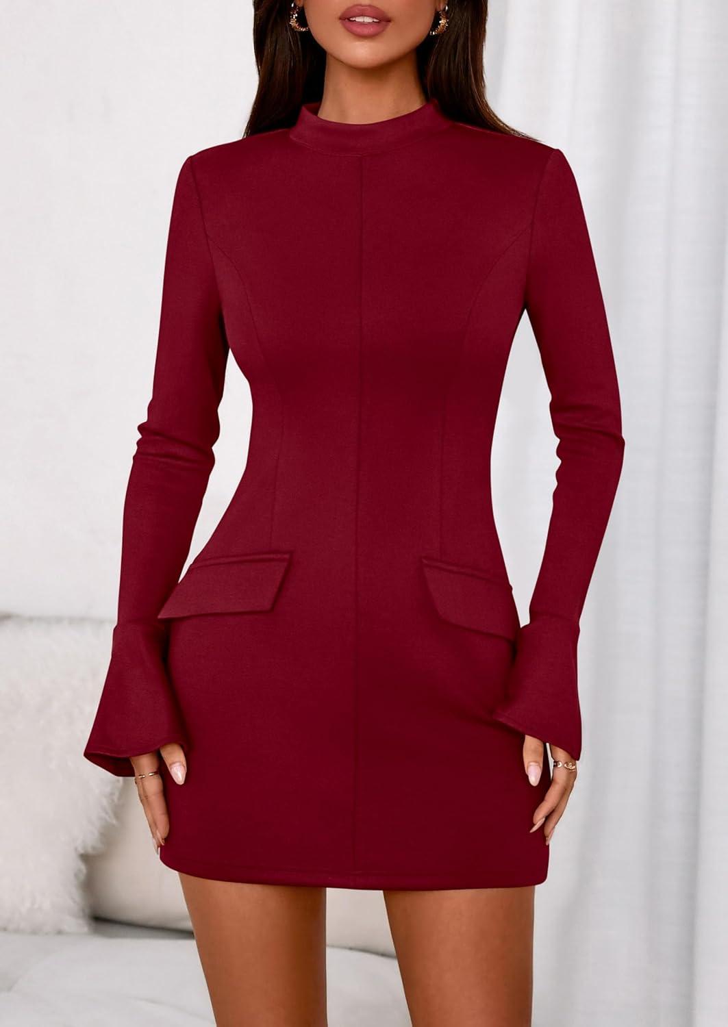 imagePRETTYGARDEN Womens Short Formal Dresses Fall Long Sleeve Mock Neck Elegant Cocktail Party Club Bodycon Mini DressBurgundy