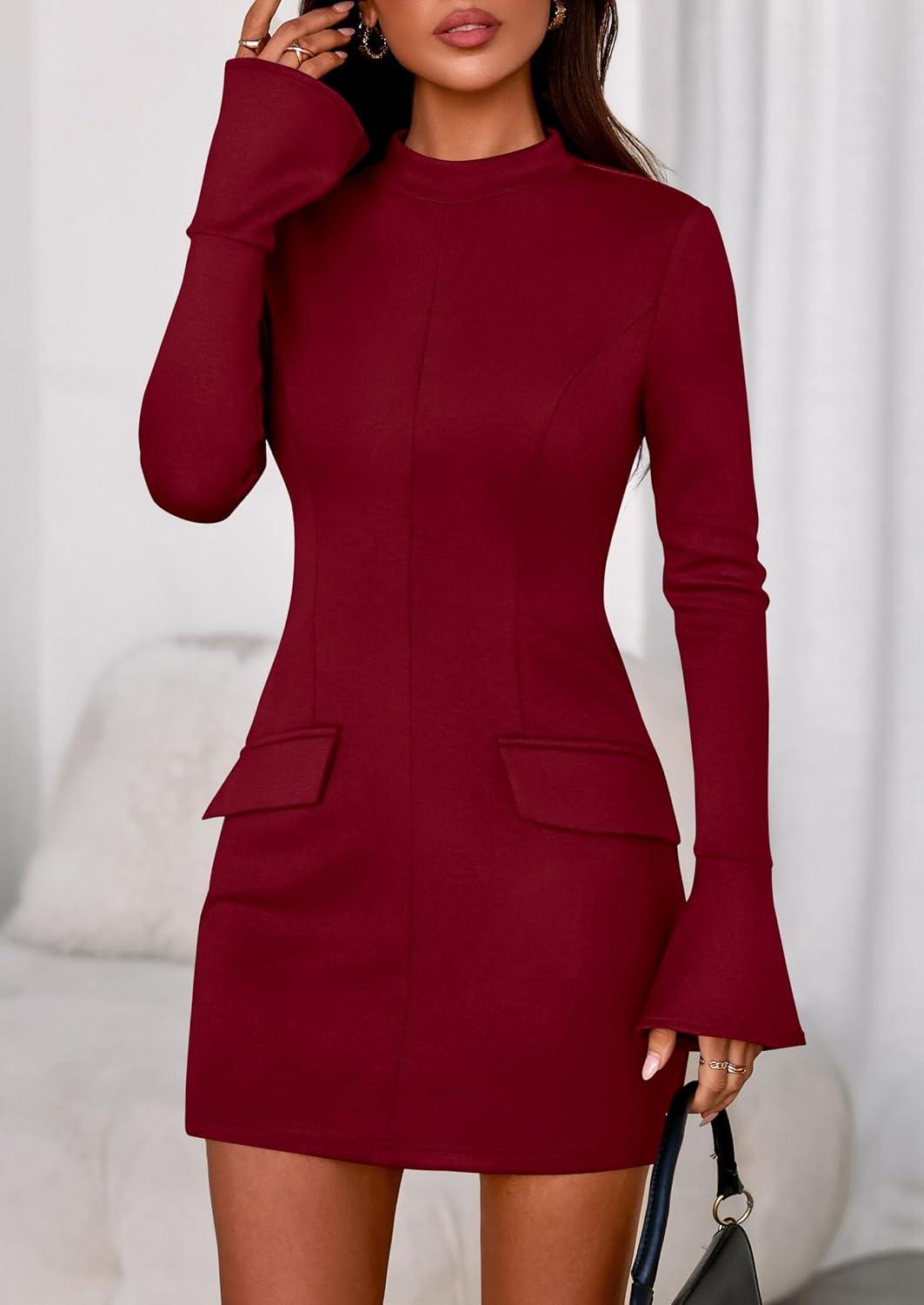 imagePRETTYGARDEN Womens Short Formal Dresses Fall Long Sleeve Mock Neck Elegant Cocktail Party Club Bodycon Mini DressBurgundy
