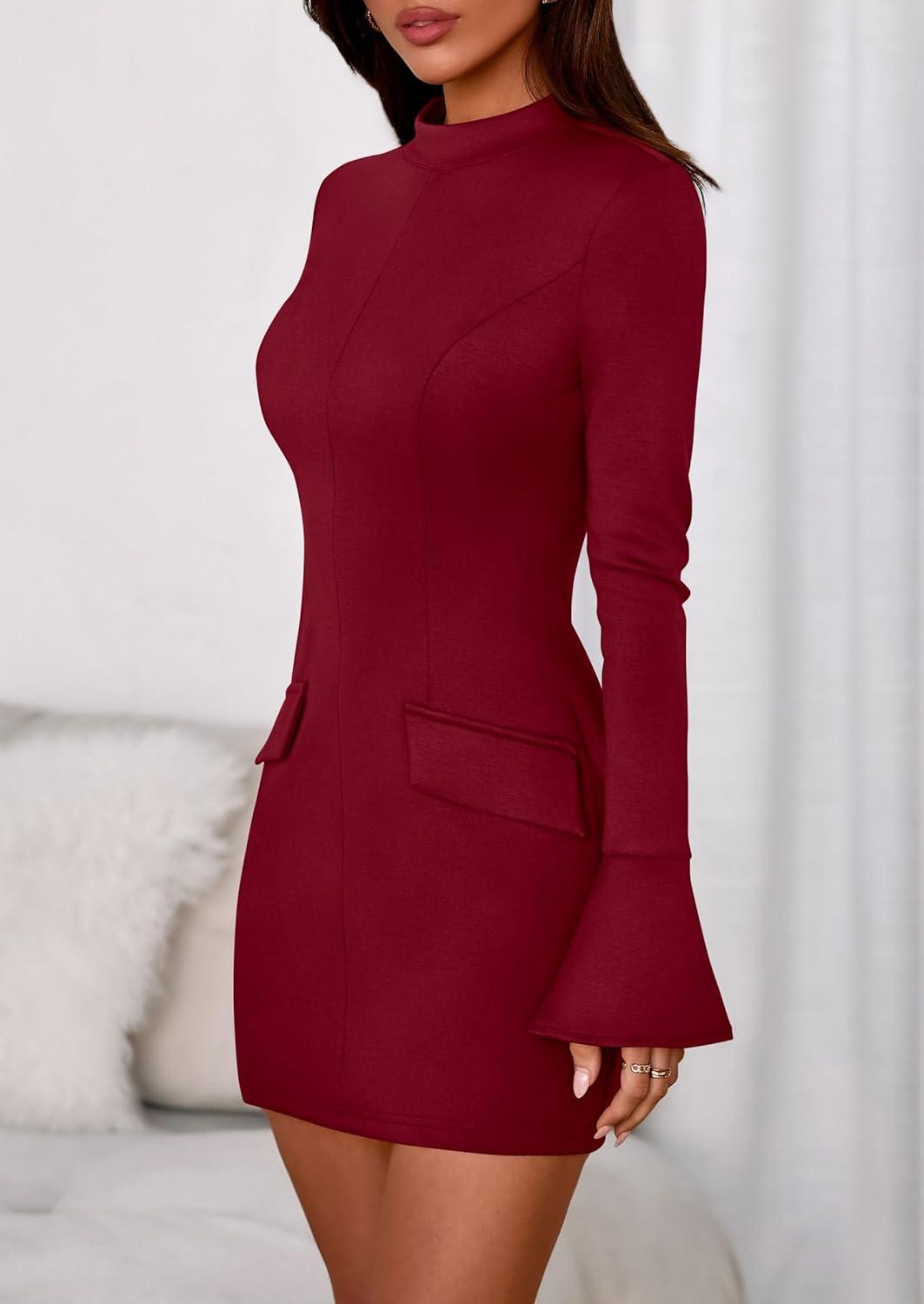 imagePRETTYGARDEN Womens Short Formal Dresses Fall Long Sleeve Mock Neck Elegant Cocktail Party Club Bodycon Mini DressBurgundy